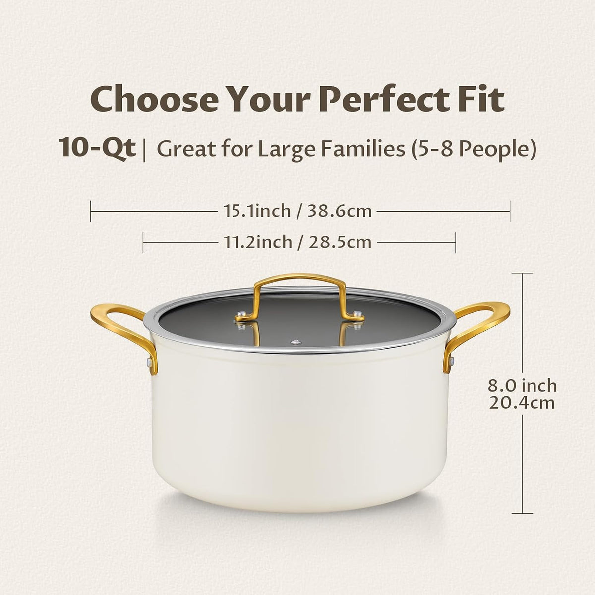 BEZIA 10 Quart Cooking Pot with Ceramic Coating, Non-Stick Stock Pot with Tempered Glass Lid, Large Soup Pot with Stainless Steel Handle, Induction Compatible Stockpot, Dishwasher Safe, Cream