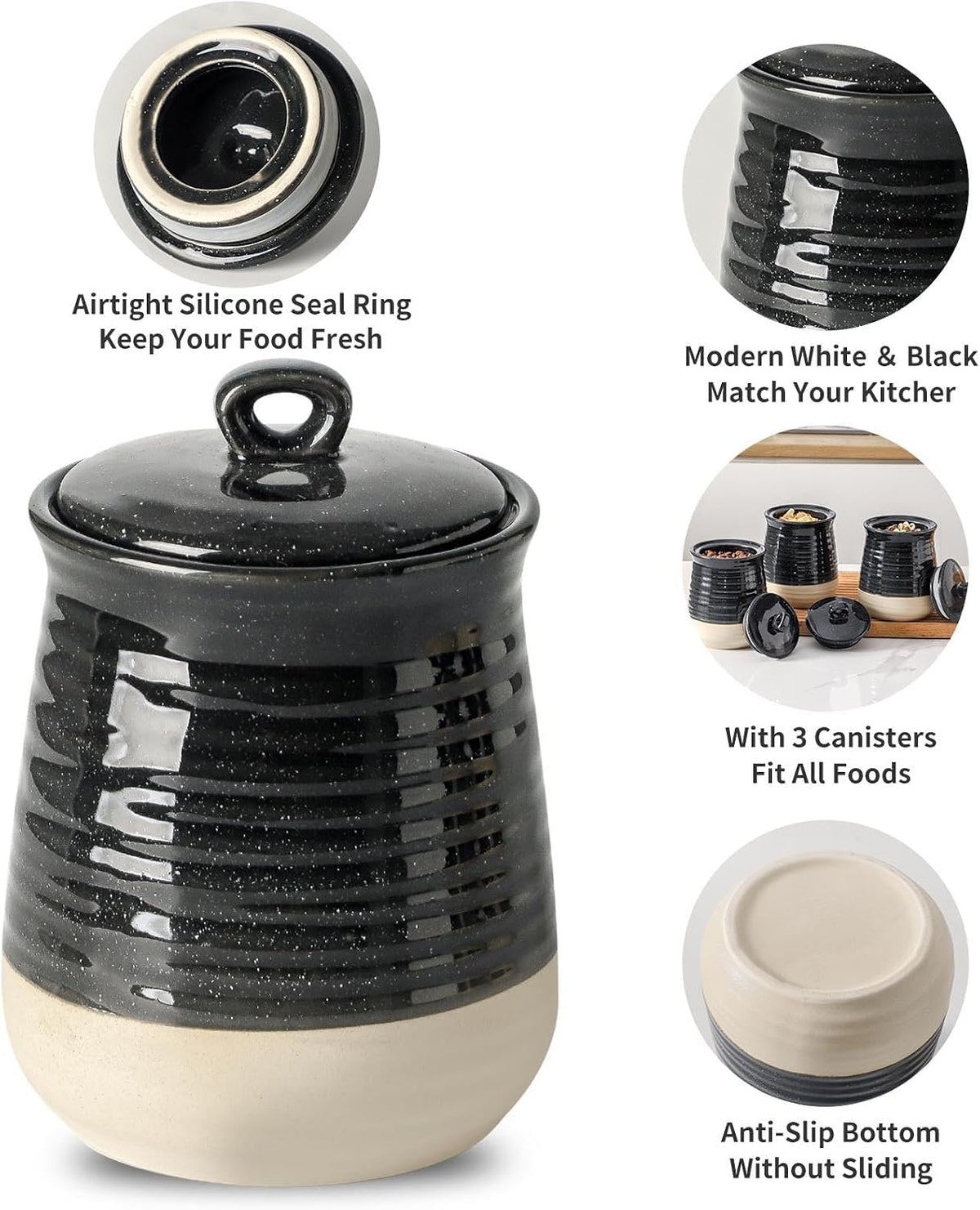 Ceramic Food Storage Jars,25 Oz Porcelain Kitchen Canisters with Airtight Lids Set of 3,Flour Containers for Countertop,Farmhouse Decor Serving Ground Coffee,Tea,Sugar,Pasta and Rice,Black＆White