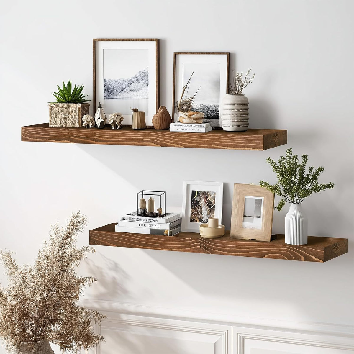 Solid Wood Floating Shelves, 36 Inch Wall Shelves, Set of 2, Brown
