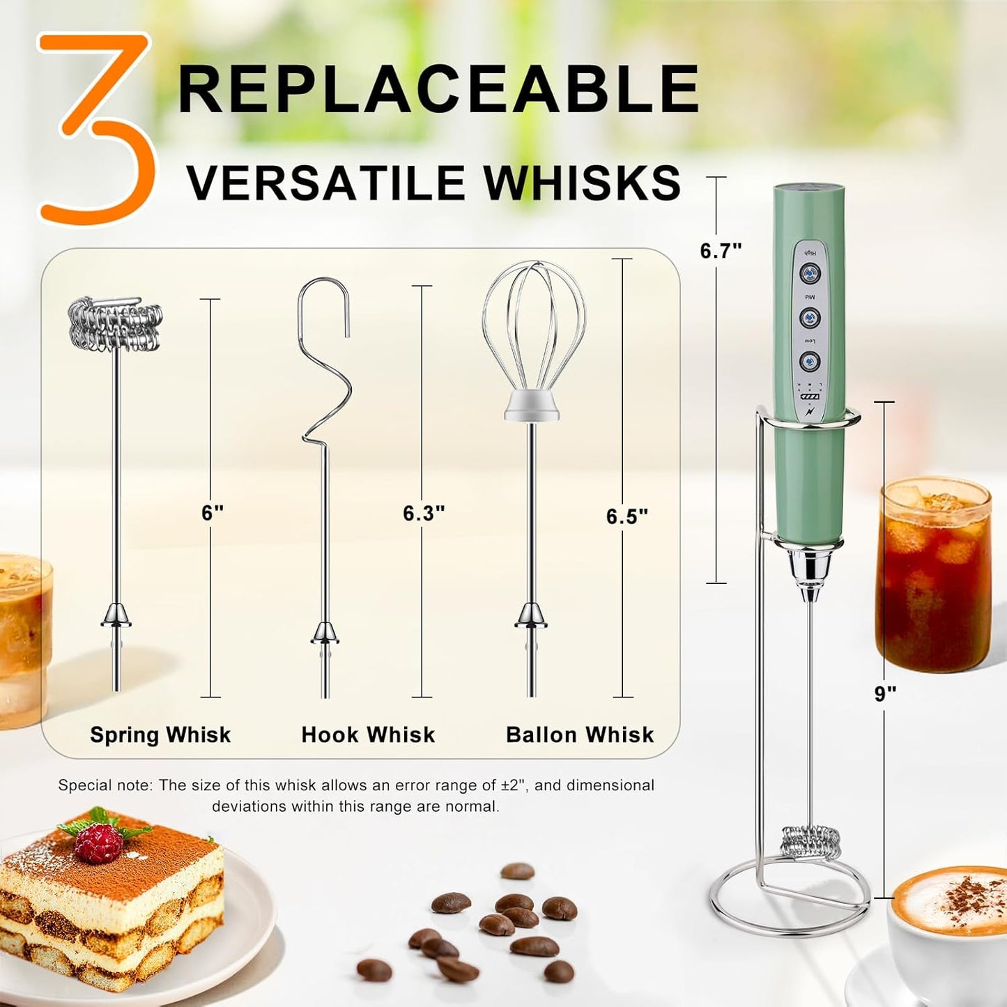 YUSWKO Granite Rechargeable Milk Frother for Coffee with Stand, Handheld Drink Mixer with 3 Heads 3 Speeds Electric Stirrers