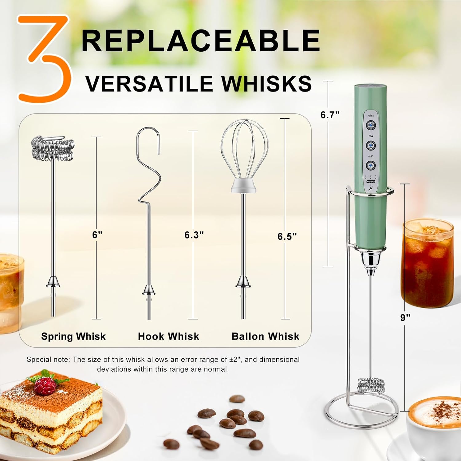 YUSWKO Granite Rechargeable Milk Frother for Coffee with Stand, Handheld Drink Mixer with 3 Heads 3 Speeds Electric Stirrers