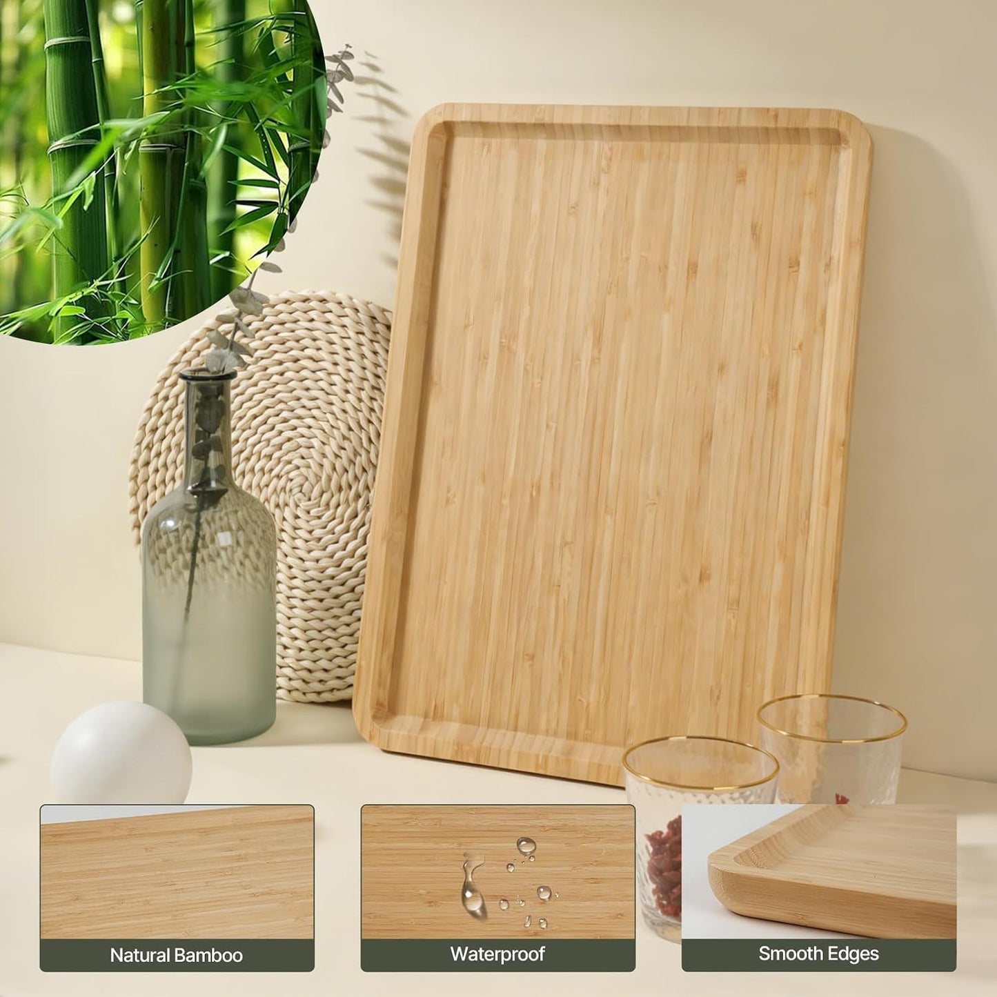 DILLMAN Bamboo Serving Tray Wooden Rectangle Dinner Food Bed Lab Tray Small | Nature Bamboo, Raised Edge, Stackable, Durable, For Breakfast, Coffee, Eating, Kitchen, Restaurants Vanity Display