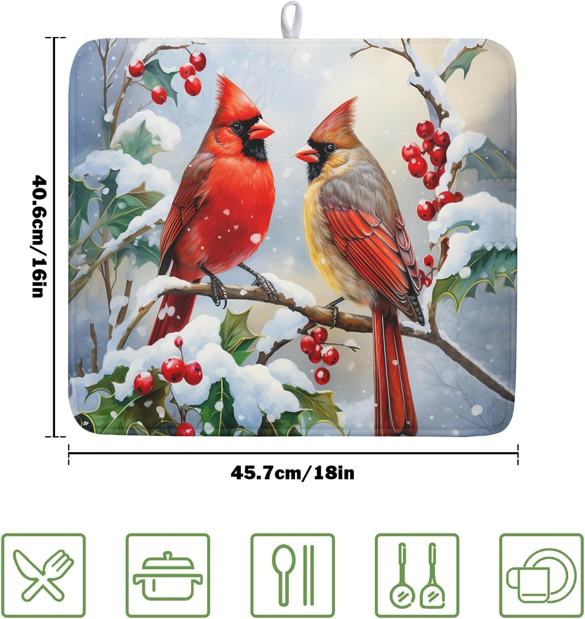Winter Cardinal Birds Dish Drying Mat, Holly Berry Branches Dish Drying Mat for Kitchen Counter, Red Birds Absorbent Fast Dry Dish Drainer Mat Protector Xmas Microfiber Dish Drying Pad 16x18 Inch