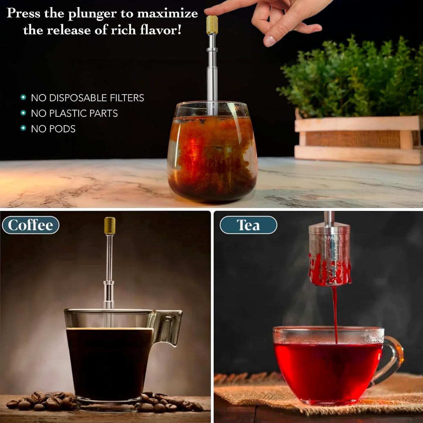 Original Coffee & Tea Maker – Portable Stainless Steel Micro French Press – Patented 3-in-1 Technology for Hot, Iced & Cold Brew – Perfect for Home