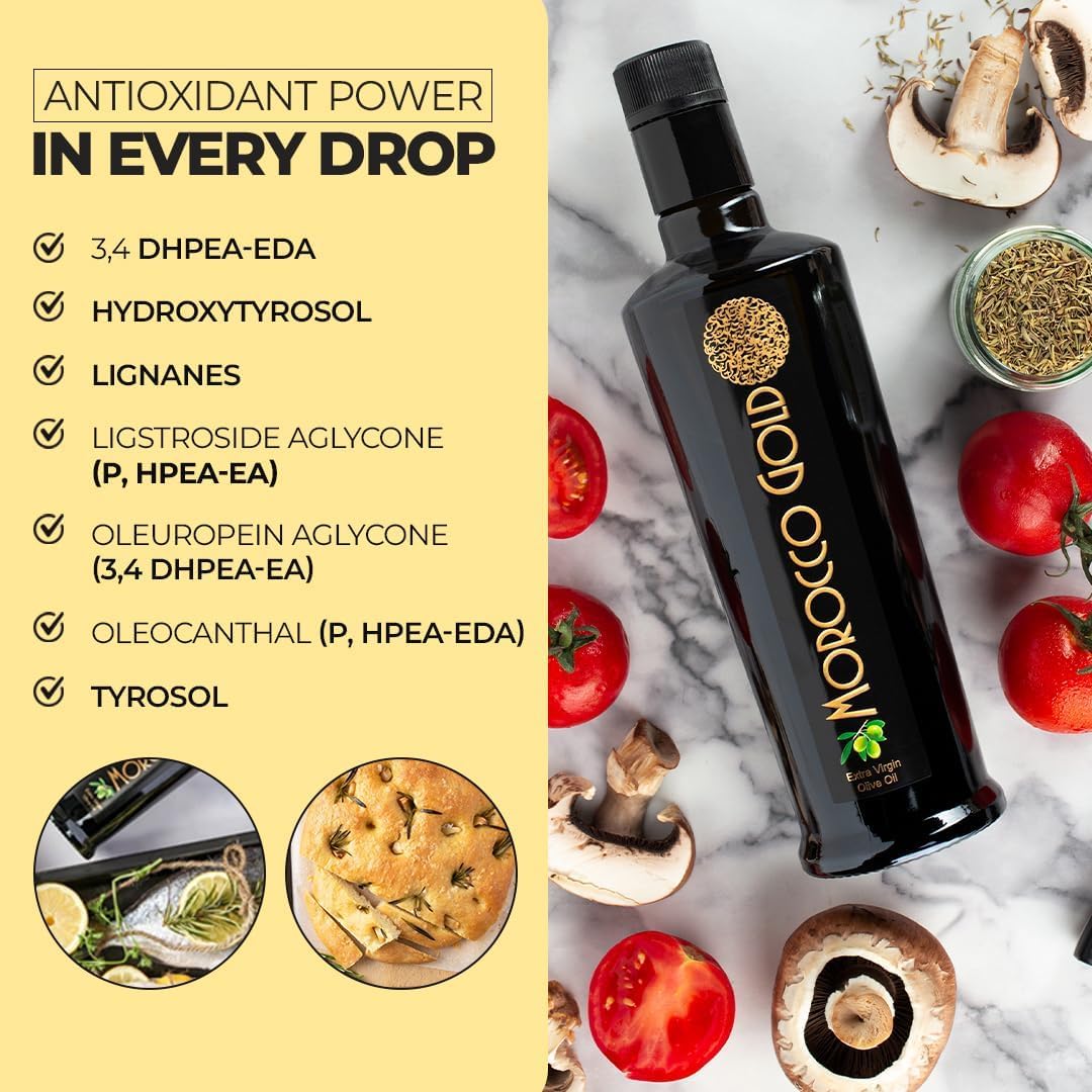 Morocco Gold New Harvest Extra Virgin Olive Oil – Cold Pressed – Polyphenol Rich 606mg/kg EVOO Fresh Harvest Pure and Natural. 6 x 500ml (Get 6 Bottles For The Price of 5)