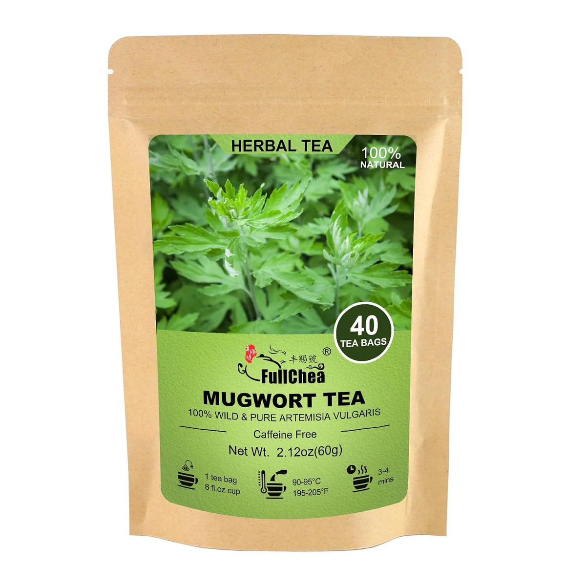 FullChea - Mugwort Tea Bags, 40 Count, Dried Mugwort Leaves | 100% pure mugwort leaf herbal tea, naturally rich in antioxidants, caffeine-free and easy to brew hot or iced