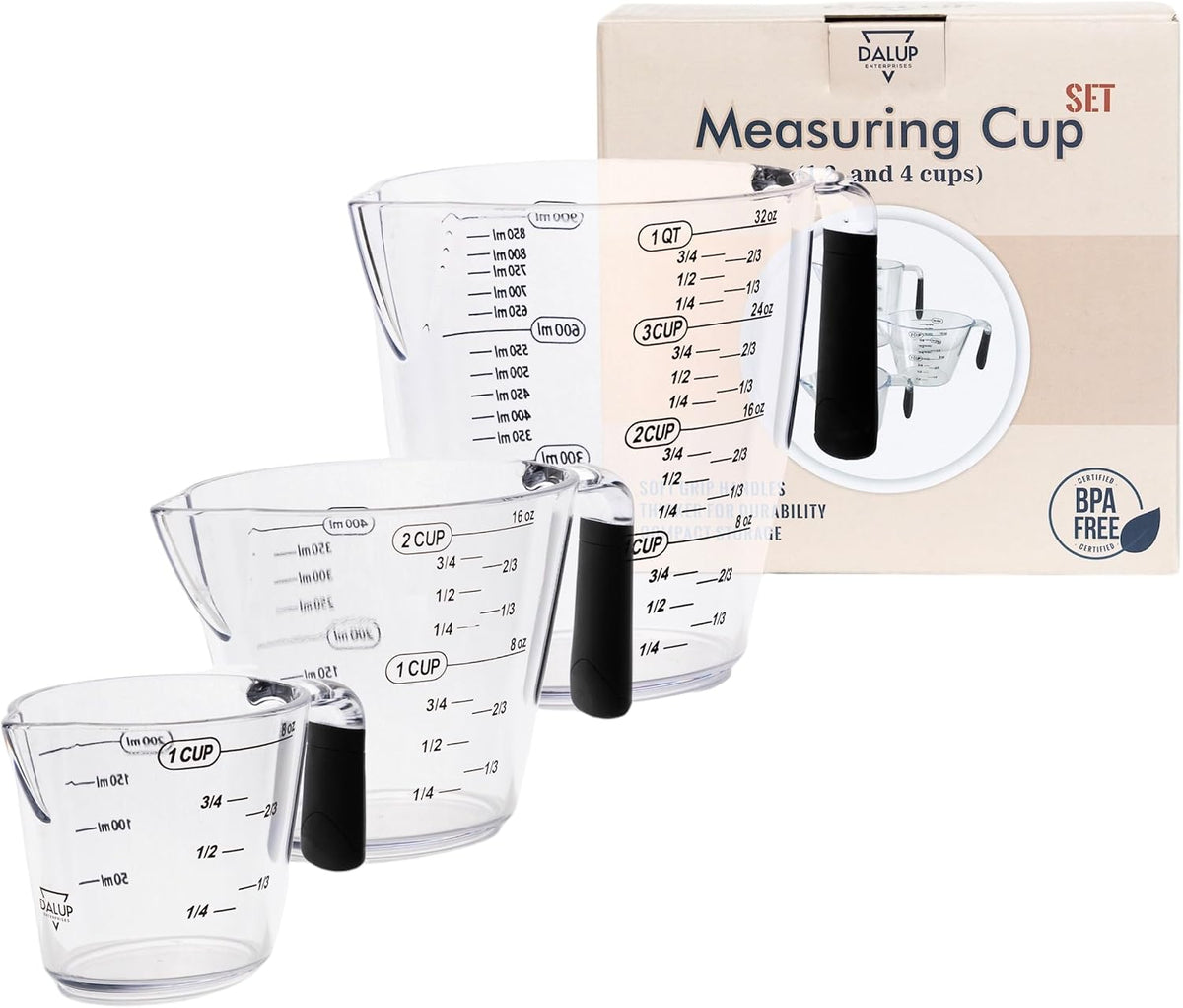 Dalup Measuring Cup Set – Clear Plastic Liquid Measuring Cups (8/16/32 oz) with Spout &amp; Non-Slip Handle | 3-Piece Plastic Measuring Cup Set for Liquids &amp; Dry Ingredients