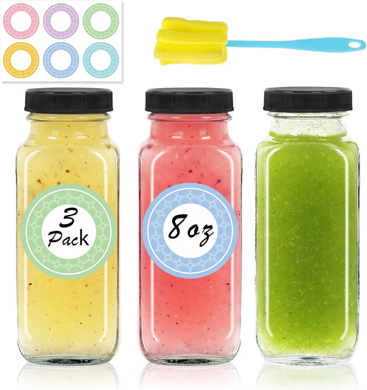 3 pack 8 oz Glass Juice Bottles with Lids, 250 ml Reusable Glass Water Bottles, Empty Drink Containers Drinking Jars with