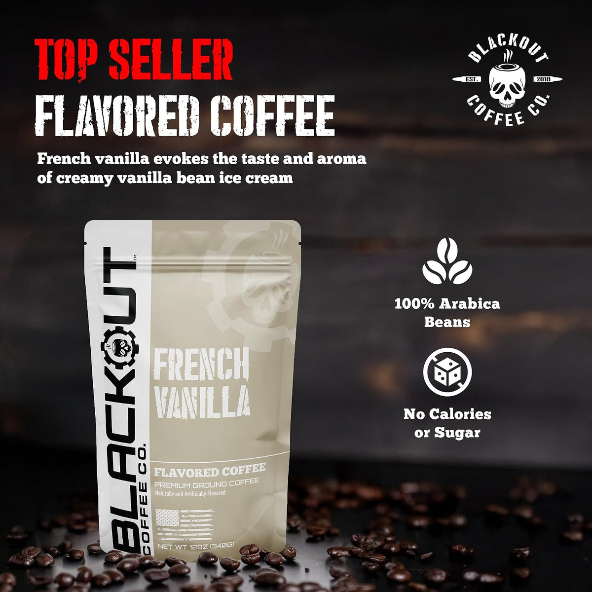 Blackout Coffee Ground Coffee – Freshly Roasted 12oz Bag. (French Vanilla, Medium Roast)