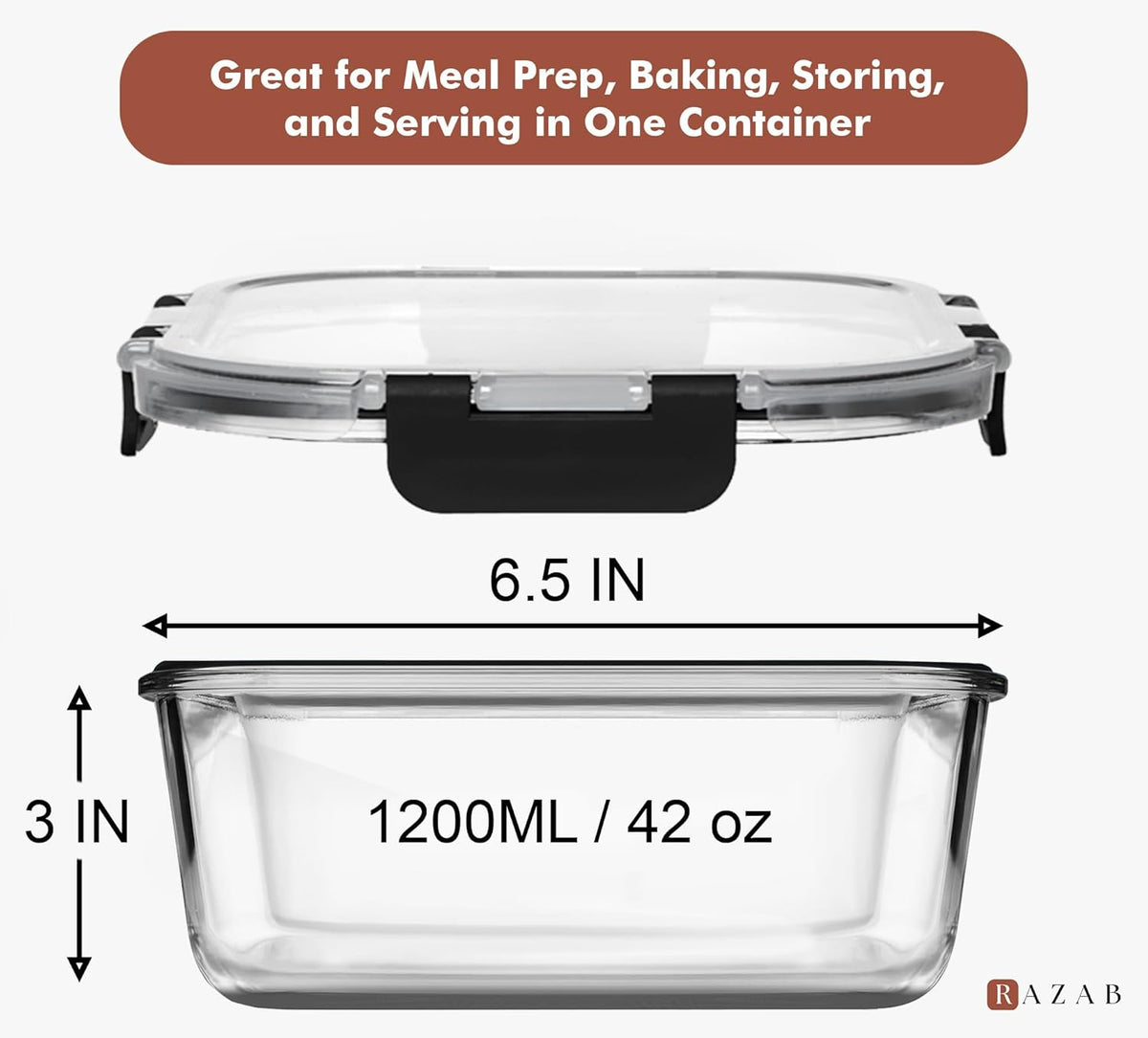 Razab 2 PC 1200ML / 42 Oz Glass Food Storage Containers with Lids - Airtight & Leakproof - Microwave/Oven/Freezer Safe - BPA Free - Ideal for Meal Prep, Storing Leftover & Lunch