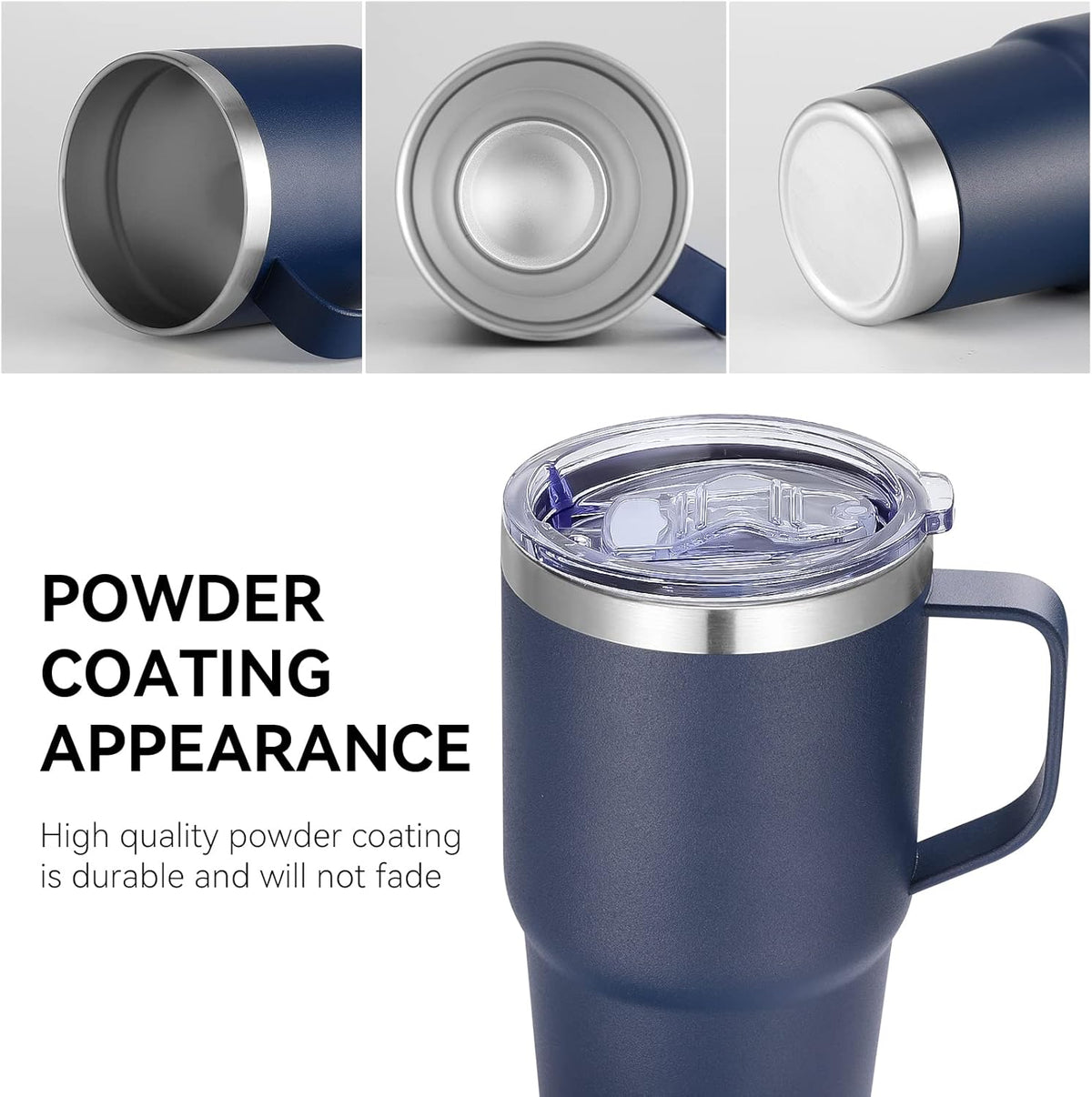 VEGOND 20 oz Tumbler Bulk with Handle Lid and Straw, Stainless Steel Insulated Travel Coffee Mug Set, Spill Proof Double Wall Metal Tumblers Cups, Powder Color Navy Blue 12 Pack