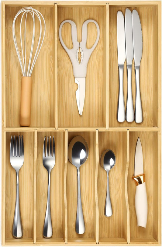 Fabsome Silverware Organizer for Kitchen Drawers, 2.5'' Deep 12.8'' Wide Bamboo Wood Flatware Tray with Deep Slots for Large