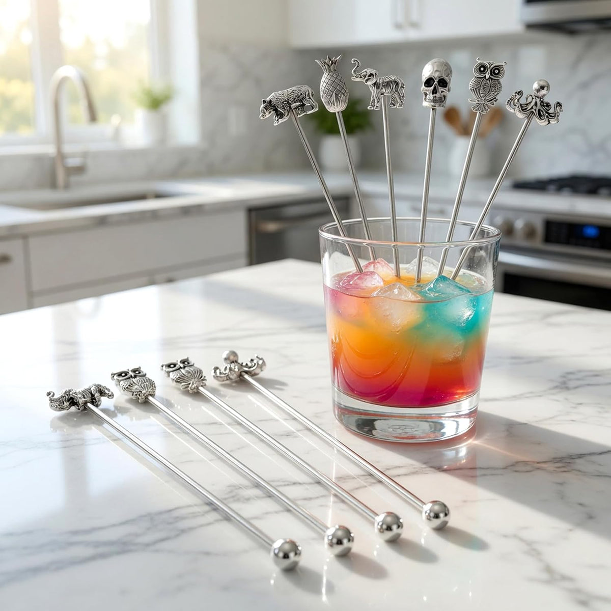 Homestia 6 Pcs 7.5 Inch Metal Stir Sticks, Swizzle Sticks Cocktail Stirrers | Reusable Stainless Steel Coffee Stirrers, Zinc Alloy Animal Head Beverage Drink Stirring Set for Bar Cafe Restaurant Home Use