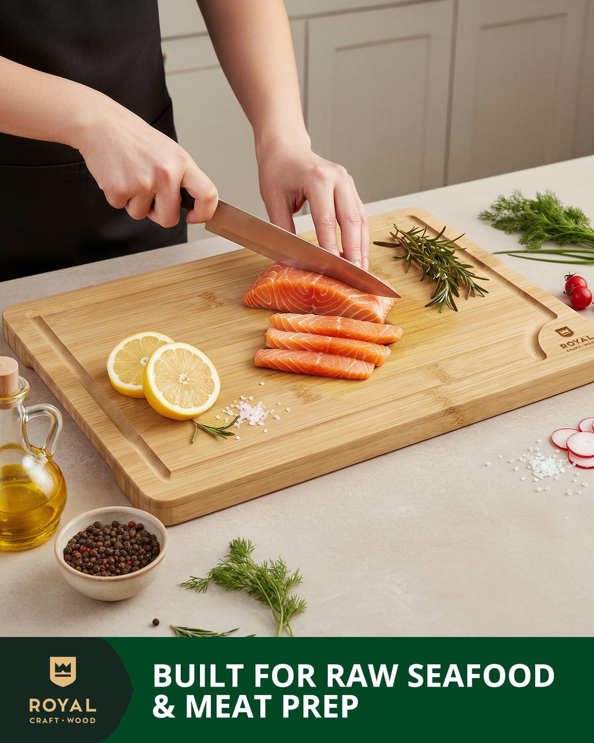 ROYAL CRAFT WOOD Wooden Cutting Boards for Kitchen Meal Prep &amp; Serving - Bamboo Wood Serving Board Set with Deep Juice Groove Side Handles - Charcuterie &amp; Chopping Butcher Block for Meat