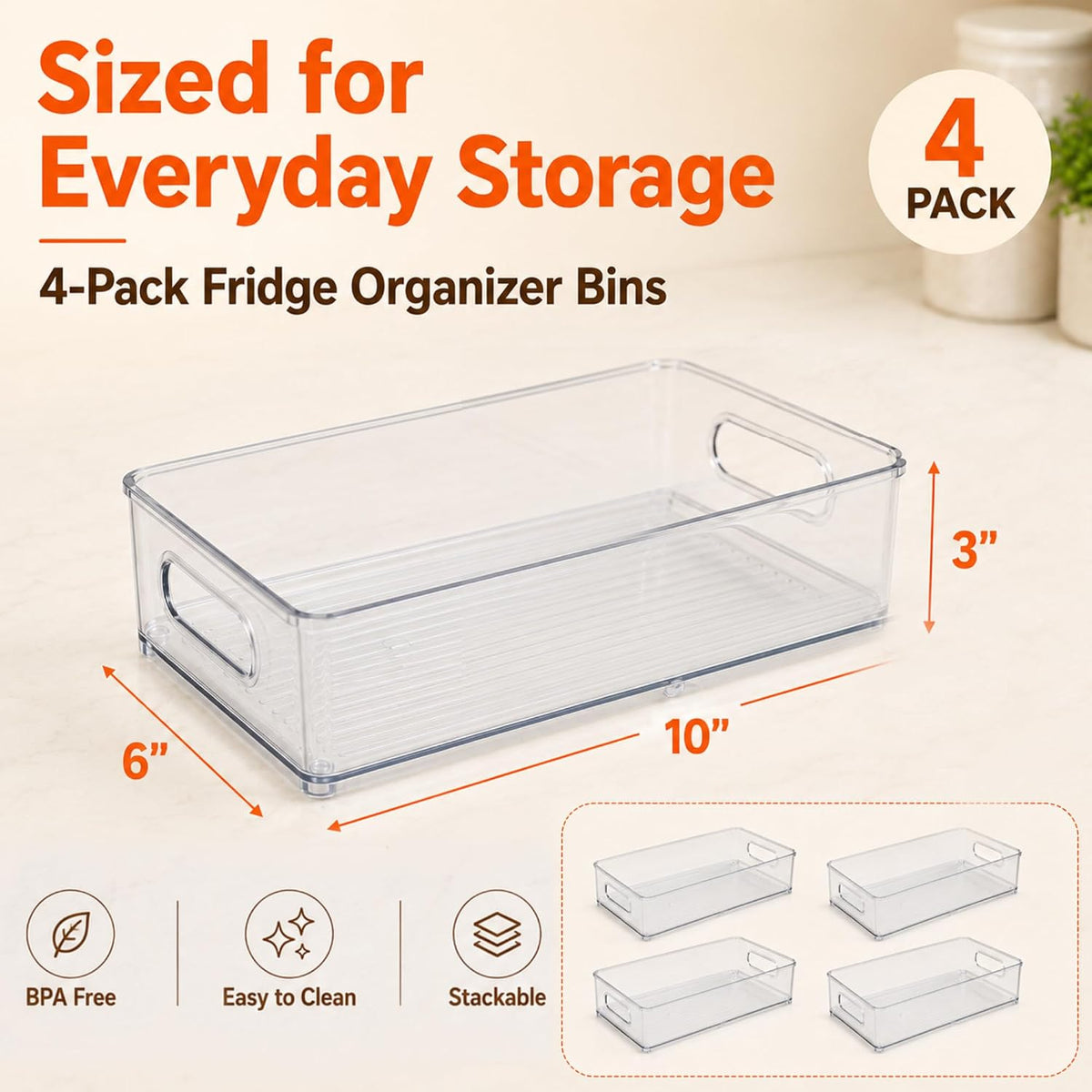 LotFancy Refrigerator Organizer Bins, 4 Pack,10x6x3 in, BPA Free Clear Plastic Storage Bins for Pantry Organization, Stackable Containers with Handles for Fridge, Kitchen Drawer, Freezer, Cabinet