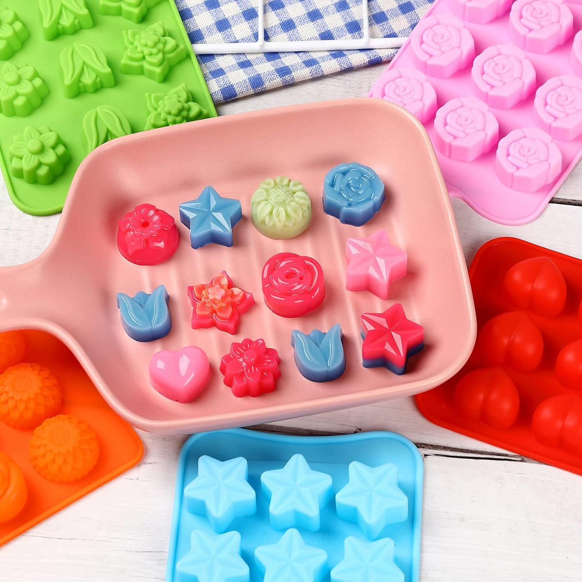 FIRETREESILVERFLOWER Flower Shape Chocolate Candy Molds Set,Heart,The stars,The rose,Flowers in Combination,15 Cavity Silicone Baking Mold Ice Cube Tray-Wedding,Festival,Parties and DIY Crafts-(6Pcs)