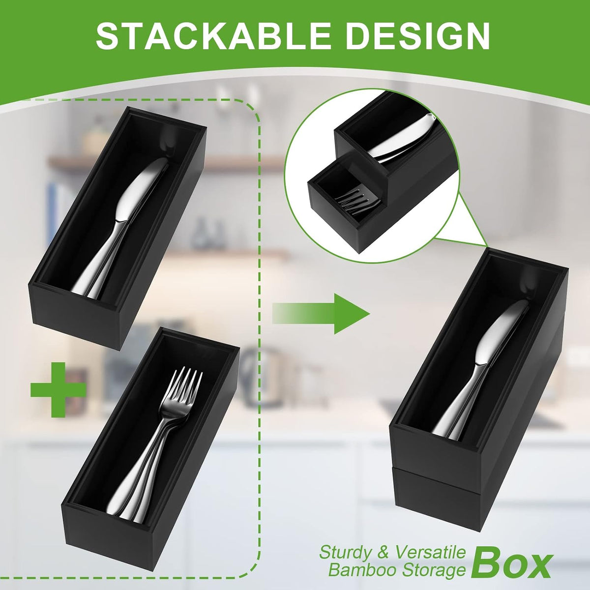 Lixple Bamboo Kitchen Drawer Organizer, 2 Pack, 9" x 3" x 2", Black