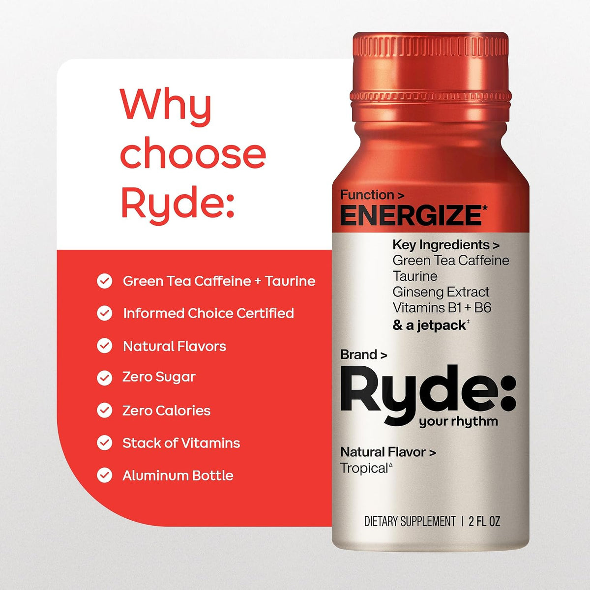 RYDE Energize Energy Shot, Tropical Flavor, Zero Sugar, 2 fl oz, 24 Pack | fight fatigue; no sugar crash; daily energy supply; vegan gluten-free