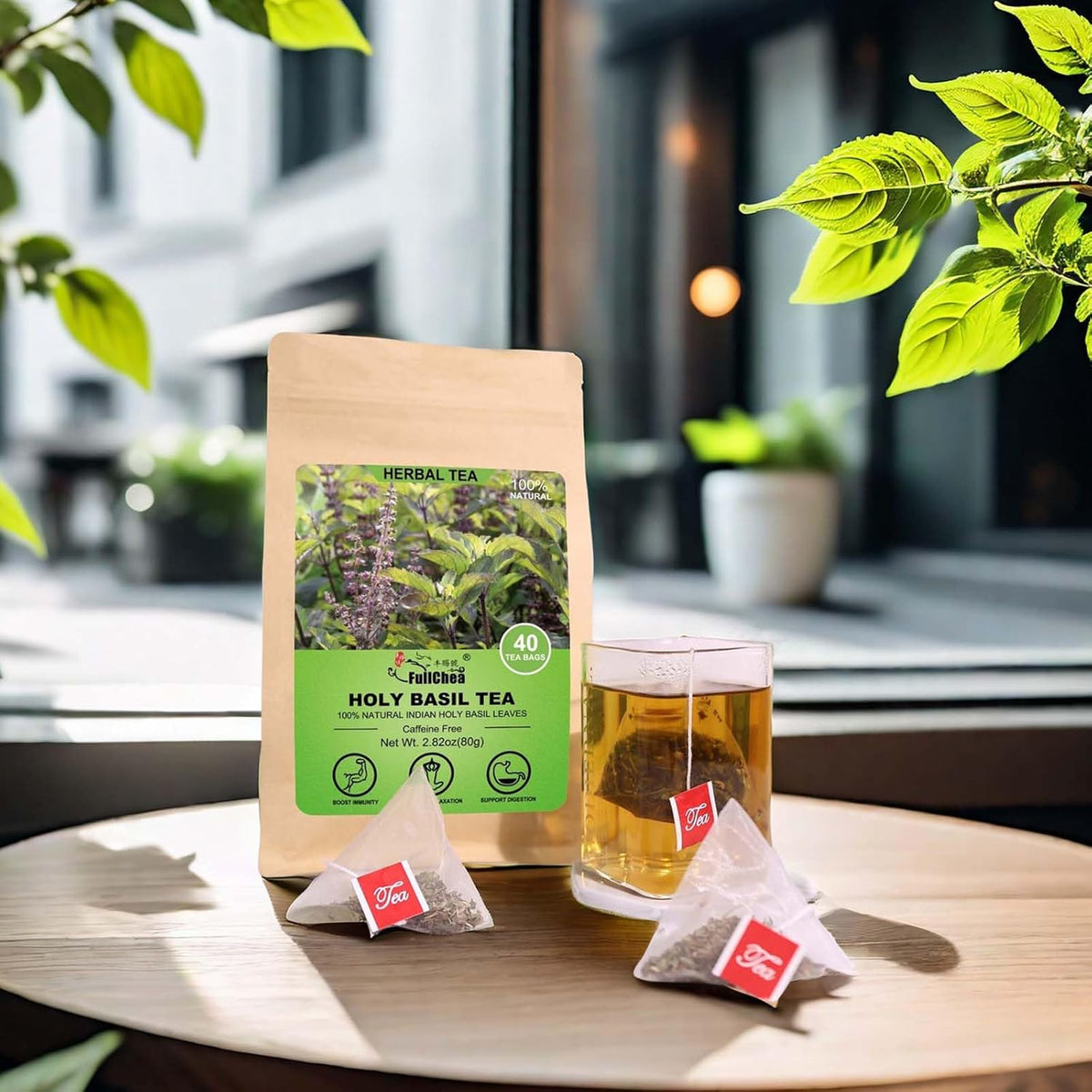 FullChea - Holy Basil Tea Bags, 40 Count, Dried Holy Basil Leaves | 100% pure tulsi holy basil tea, rich in plant antioxidants, Non-GMO caffeine-free, easy to brew hot or iced daily