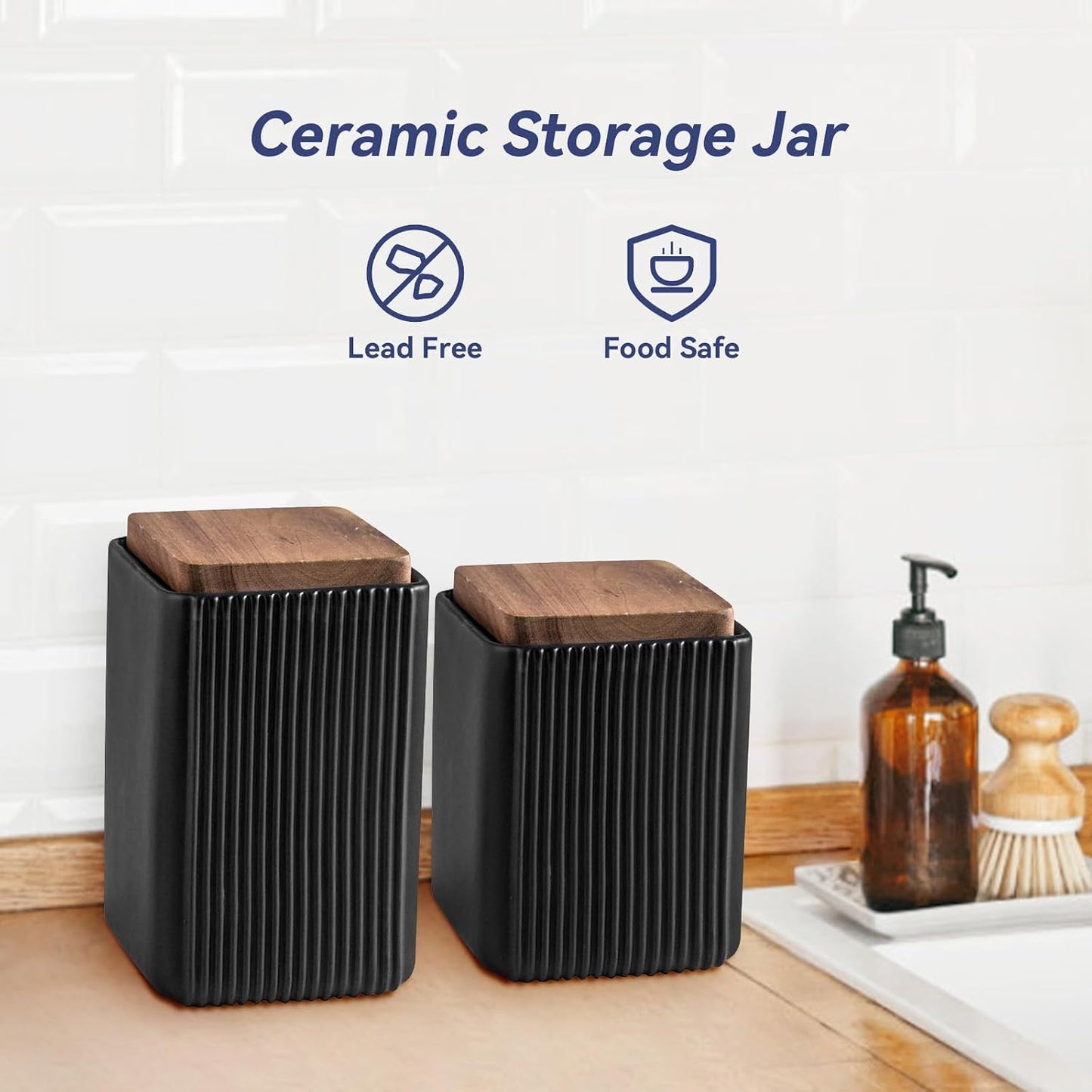 Ceramic Storage Jars Modern Airtight Coffee Canisters With Lid (Black,Large size,17cm*10cm)