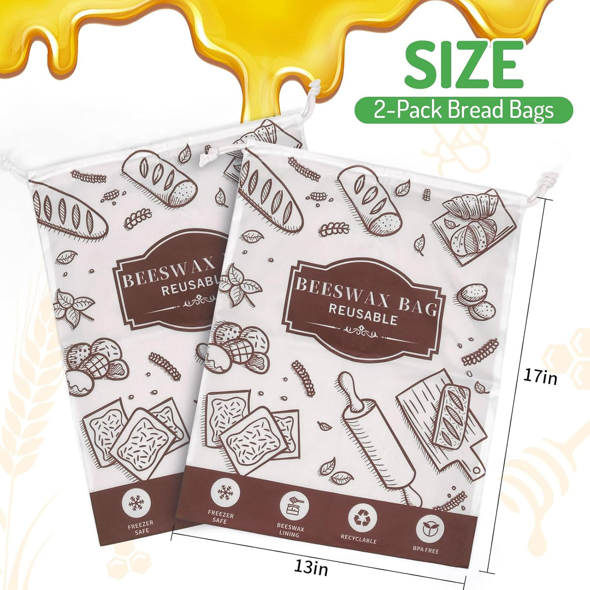 2-Pack Beeswax Bread Bags for Homemade Bread, Orange Reusable Sourdough Storage Bags with Premium Beeswax Coating for Loafs Baguette Fresh Keeping,Great Homesteading Essentials and Baking Gifts.