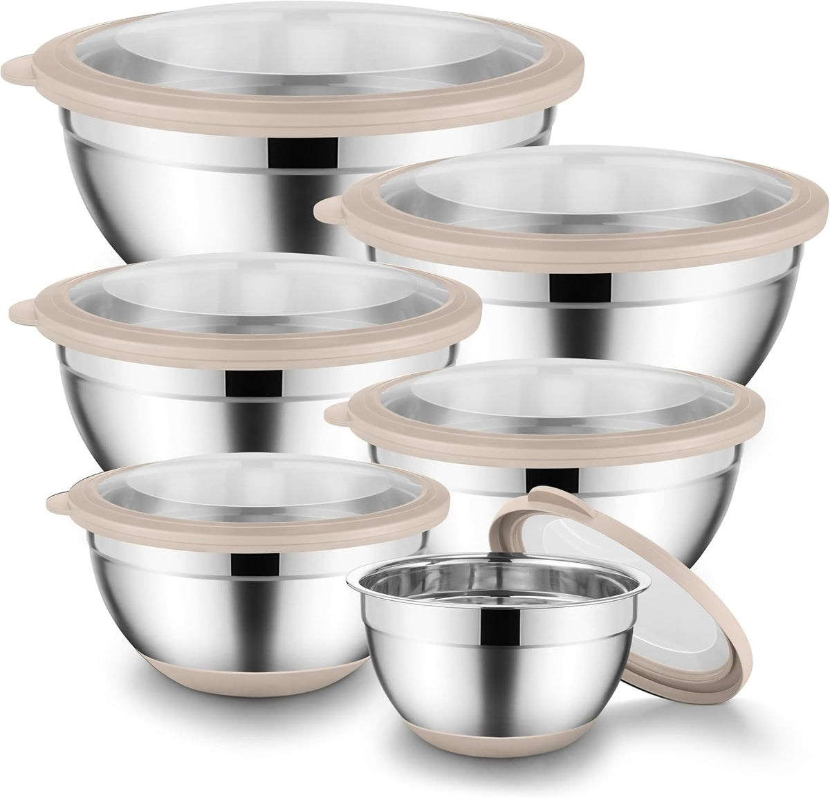 Onader Mixing Bowls with Lids Set of 6, Large Metal Nesting Mixing Bowls, Stainless Steel Non-Slip Salad Bowl Khaki – Size 0.7, 1, 1.5, 2, 2.6, 4.6QT