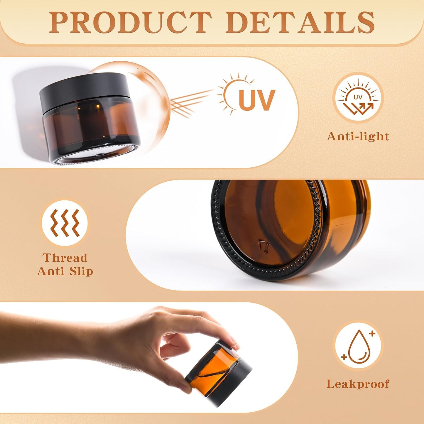 Glass Jars with Lids,Eco-Friendly Cosmetic Containers with Airtight Black Lids &amp; Liners, Multi-Color Options for Cream, Lotion, Body Butter, DIY Skincare Travel Jars (Amber, 2oz)