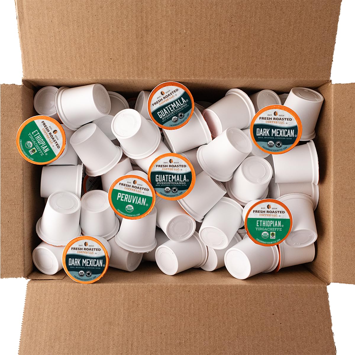Fresh Roasted Coffee, Organic Mold &amp; Mycotoxin Tested Variety Pack K-Cup Pods for Keurig Brewers, Medium Roast, USDA Organic, Kosher, 96 Count Loose Pack