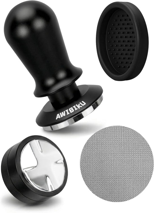 Barista Espresso Tamper 53.3/54mm, Spring Loaded Flat Base Tamper Kit | 4-Blade Coffee Distributor &amp; 316 Stainless Steel Puck Screen
