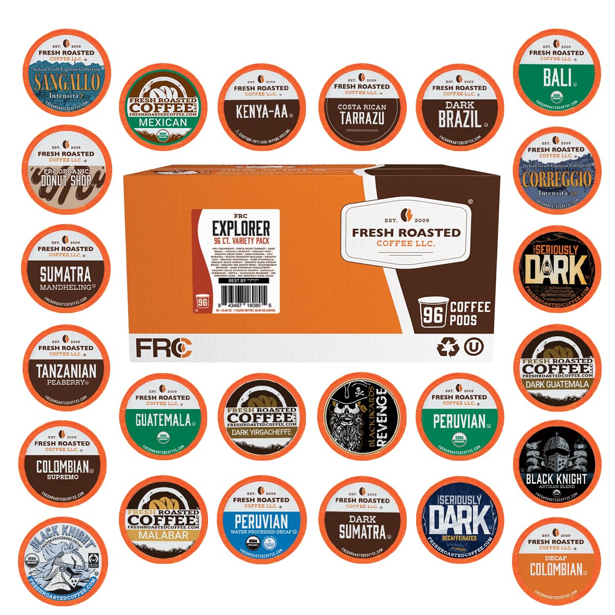 Fresh Roasted Coffee, Explorer Variety Pack K-Cup Pods for Keurig Brewers, Medium Roast, Kosher, 96 Count Loose Pack