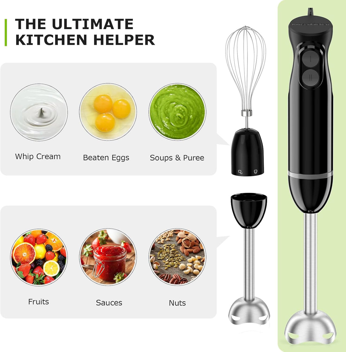 Bonsenkitchen 3-in-1 Immersion Blender Handheld with 2 Mixing Speed | Hand Blender with Egg Whisk &amp; 24oz Beaker, Stainless Steel Blade, Portable Stick Mixer for Smoothie, Soup, Baby Food