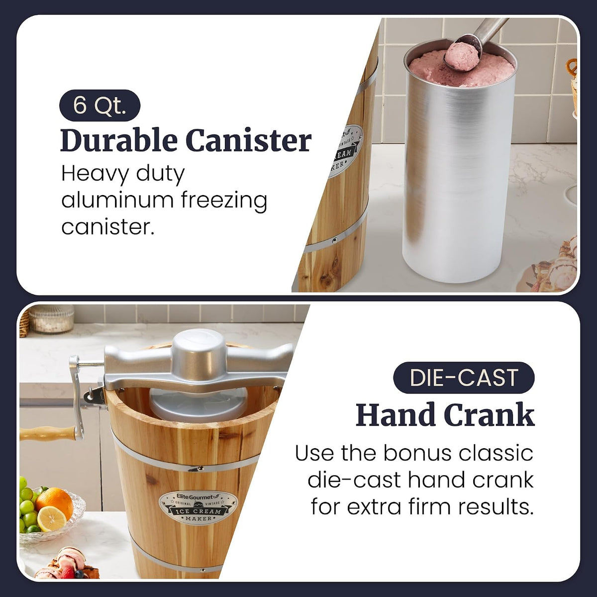 Elite Gourmet EIM916X Old Fashioned 6 Quart Vintage Wood Bucket Electric Ice Cream Maker Machine Appalachian, Bonus Classic Die-Cast Hand Crank for Churning, Uses Ice and Rock Salt