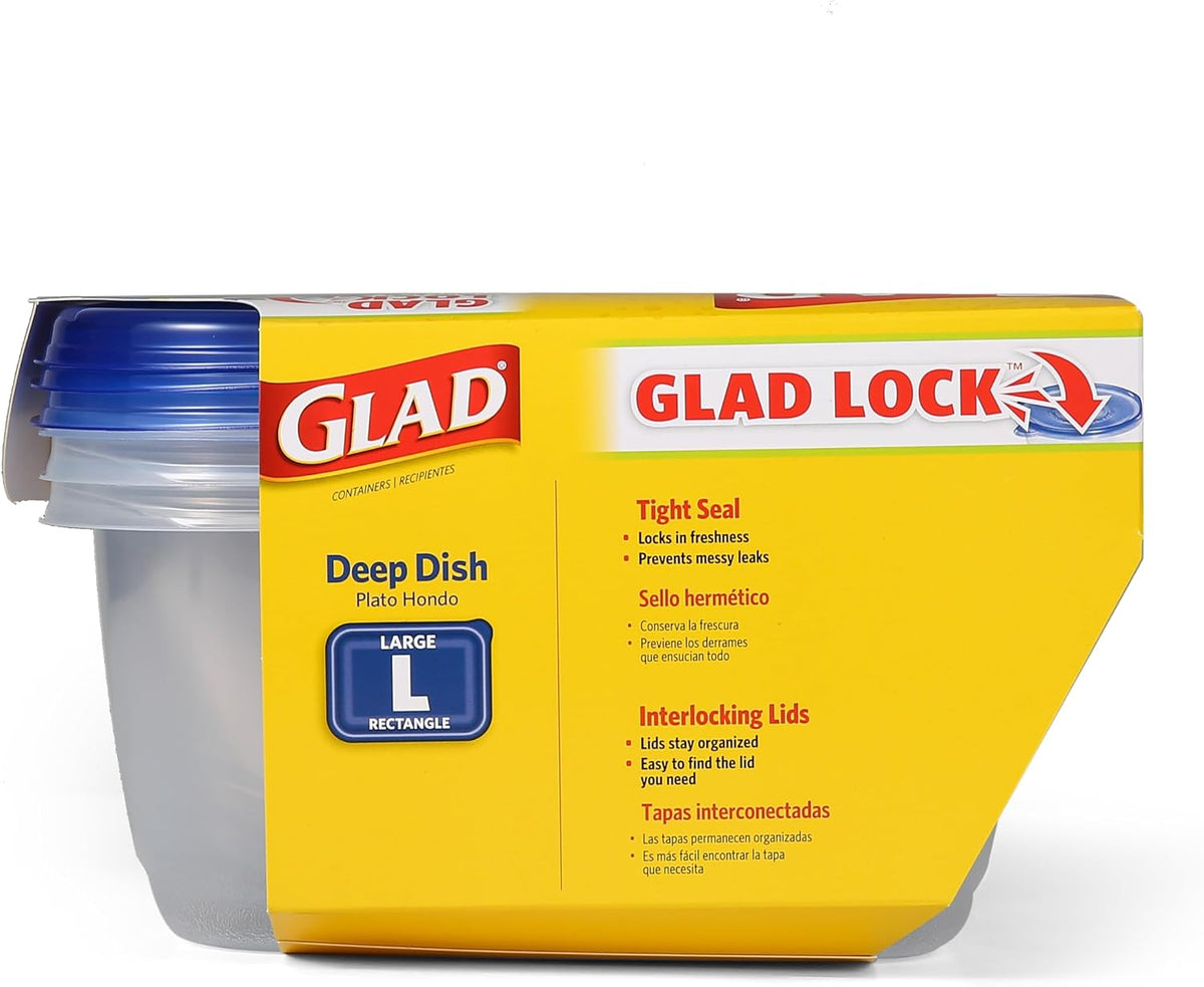 Glad GladWare Deep Dish Food Storage Containers, Large Rectangle - Meal Container Holds up to 64 Ounces of Food - Lock Tight Seal, 3 Count - 6 Pack