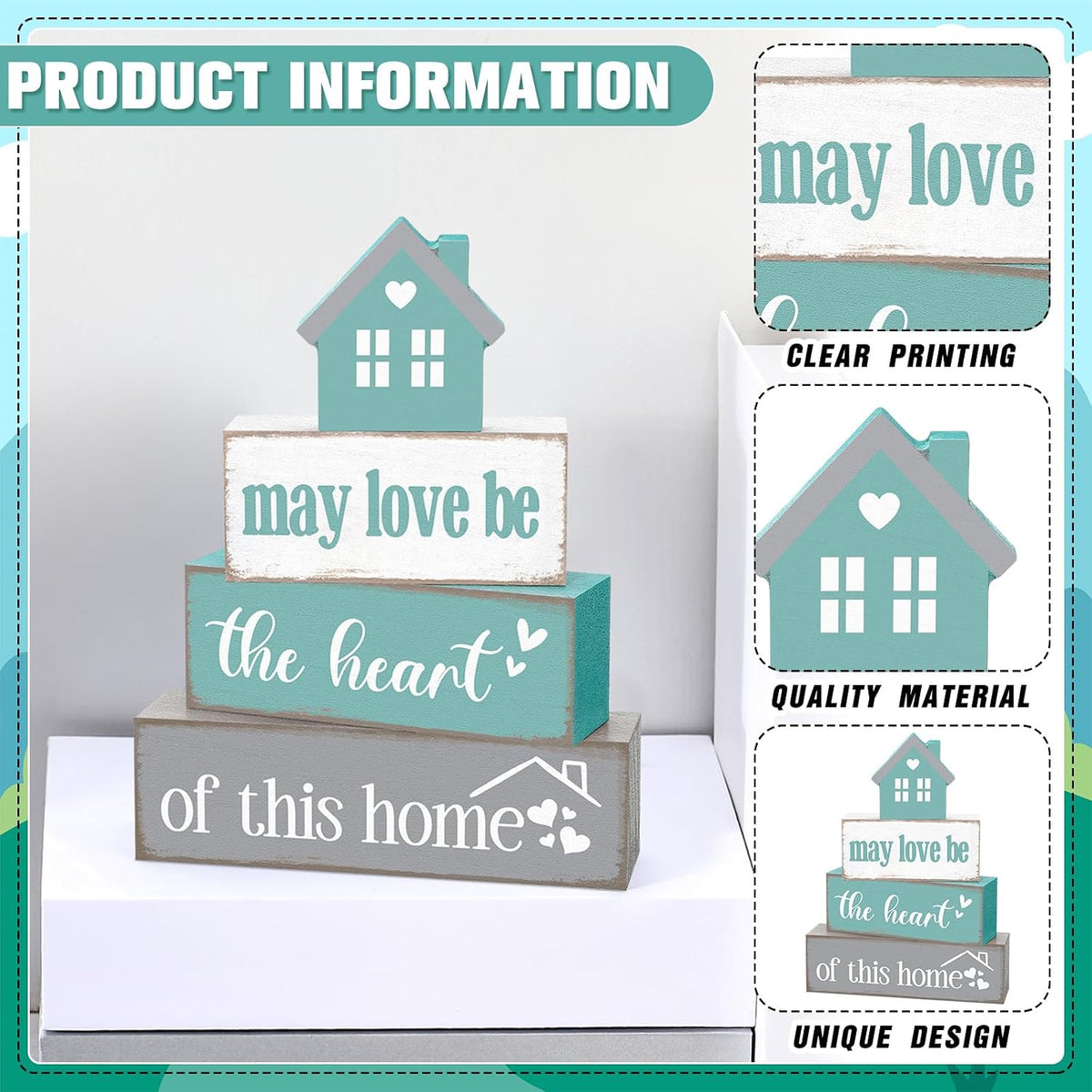 Cinnvoice 4 Pcs Farmhouse Table Decoration Rustic Sign Block,May Love Be | Home Heart Wood Sign, Teal and Grey Tabletop Centerpiece, Farmhouse Decor for Home Indoor Kitchen Shelf Tier Tray Decor