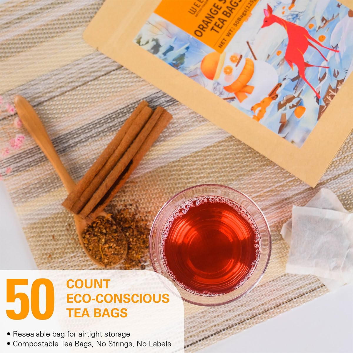 WT WEETEE Orange Spice Herbal Tea Bags 50count, Caffeine-free w/o Black Tea | Warming Winter Blend Perfect for Holidays, Hot or Iced, Sweet Spiced Citrus Tea with Cinnamon, Clove, Hibiscus &amp; Orange Peel