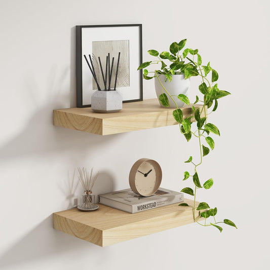 Fun Memories Deep Floating Shelves 16 Inch Long, Natural Wood Floating Shelf for Wall, Set of 2, Rustic 9 Inch Deep Wall