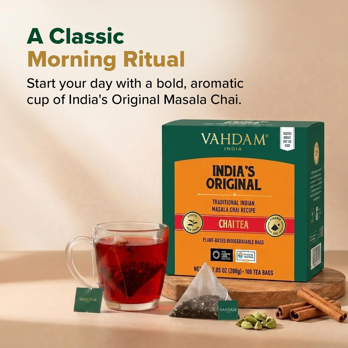 VAHDAM India's Original Masala Chai Tea Bags (100 Count) Pyramid Tea Bags