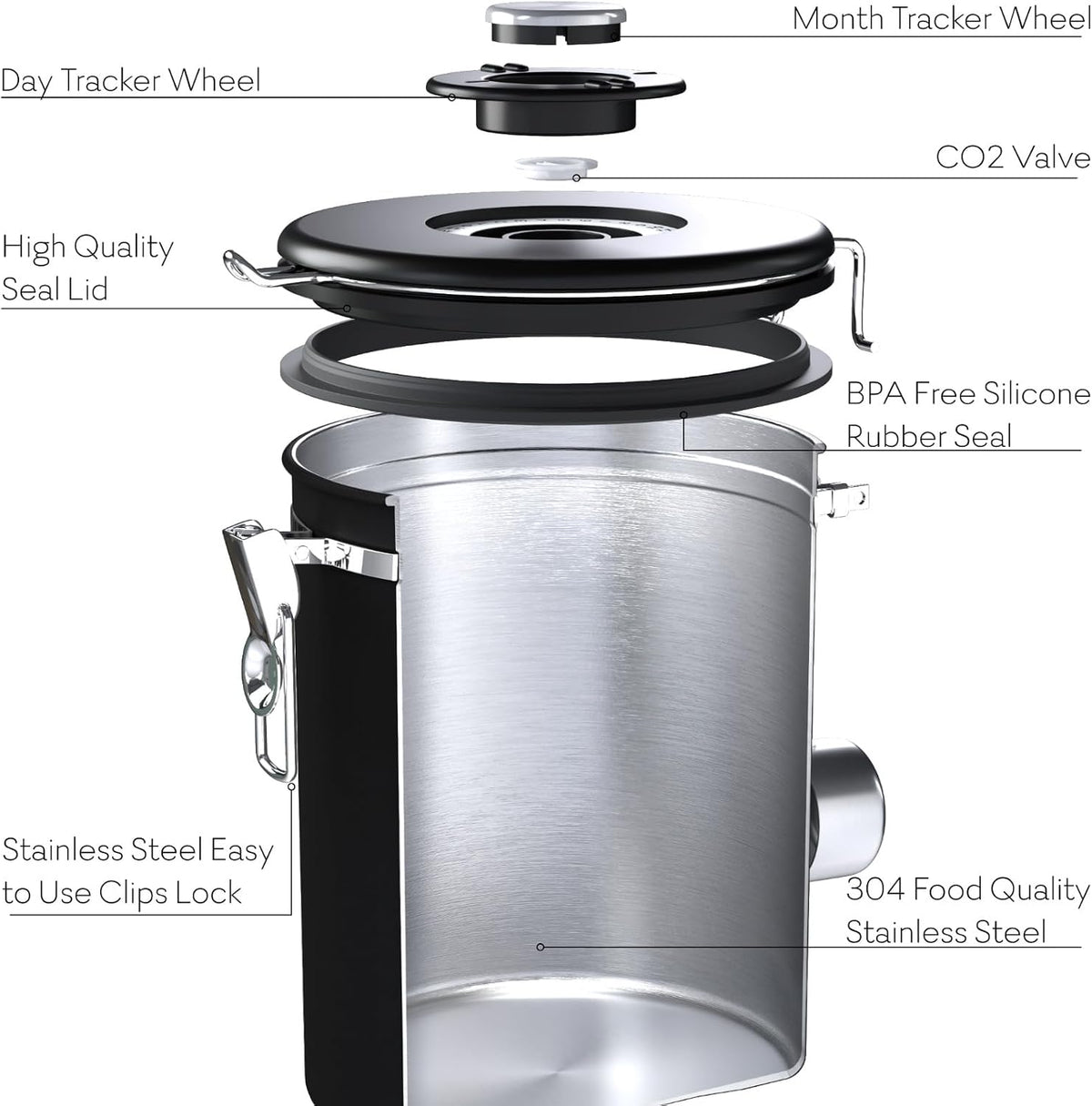 Large Coffee Canister – Airtight Stainless Steel Storage Container with Date Tracker &amp; Scoop, Sealed Jar for Grounds, Beans, Tea, Flour, Cereal, and Sugar (Black Esspresso, 38OZ)