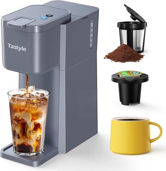 Mini Hot and Iced Coffee Maker Single Serve, for K Cup and Ground, 6 to 14 Oz Brew Sizes, with Recipe Book, for Home,