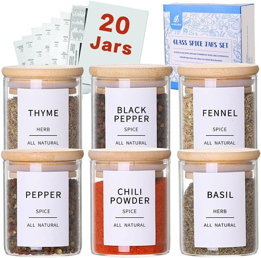 Glass Spice Jars with Bamboo Lids - 20 Pcs Thicken(2.4mm) 4oz Airtight Seasoning Containers with 131 Waterproof Minimalist
