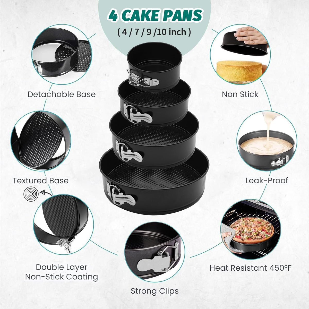 SHIKORI Cake Pan Set for Baking, Non-Stick Springform Pans Set of 4 | Round Cheesecake Pan, Leak-Proof Cake Pans with Removable Bottom-Black 4 Pcs(4, 7, 9 10 inch)