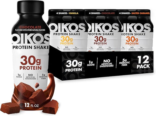 Oikos Protein Shake, Exclusive Variety Pack, 30g High Protein Drinks, Shelf Stable, Ready to Drink, 5g Prebiotic Fiber, 12