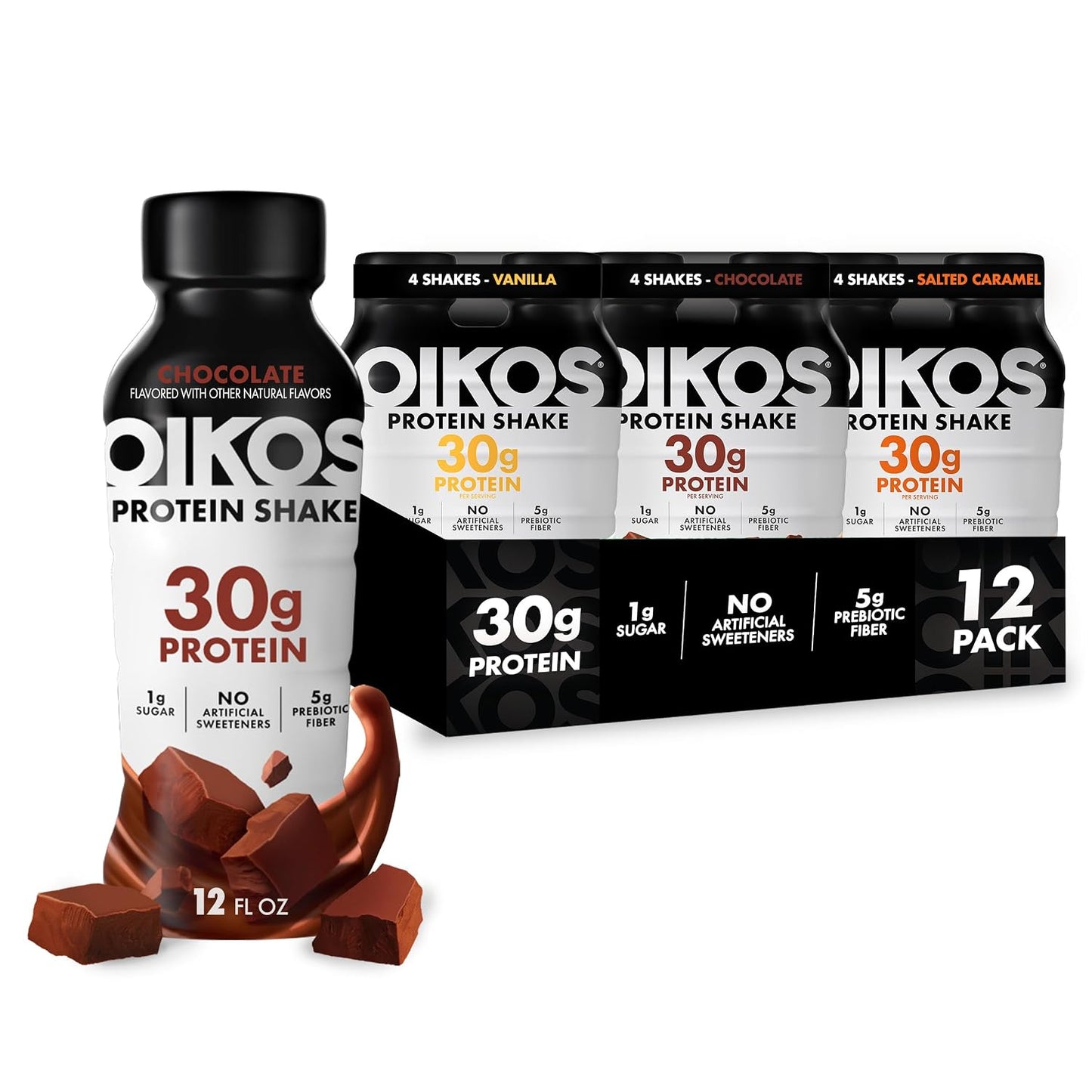 Oikos Protein Shake, Exclusive Variety Pack, 30g High Protein Drinks, Shelf Stable, Ready to Drink, 5g Prebiotic Fiber, 12 fl oz Bottle (4 ct Chocolate, 4 ct Vanilla, 4 ct Salted Caramel)