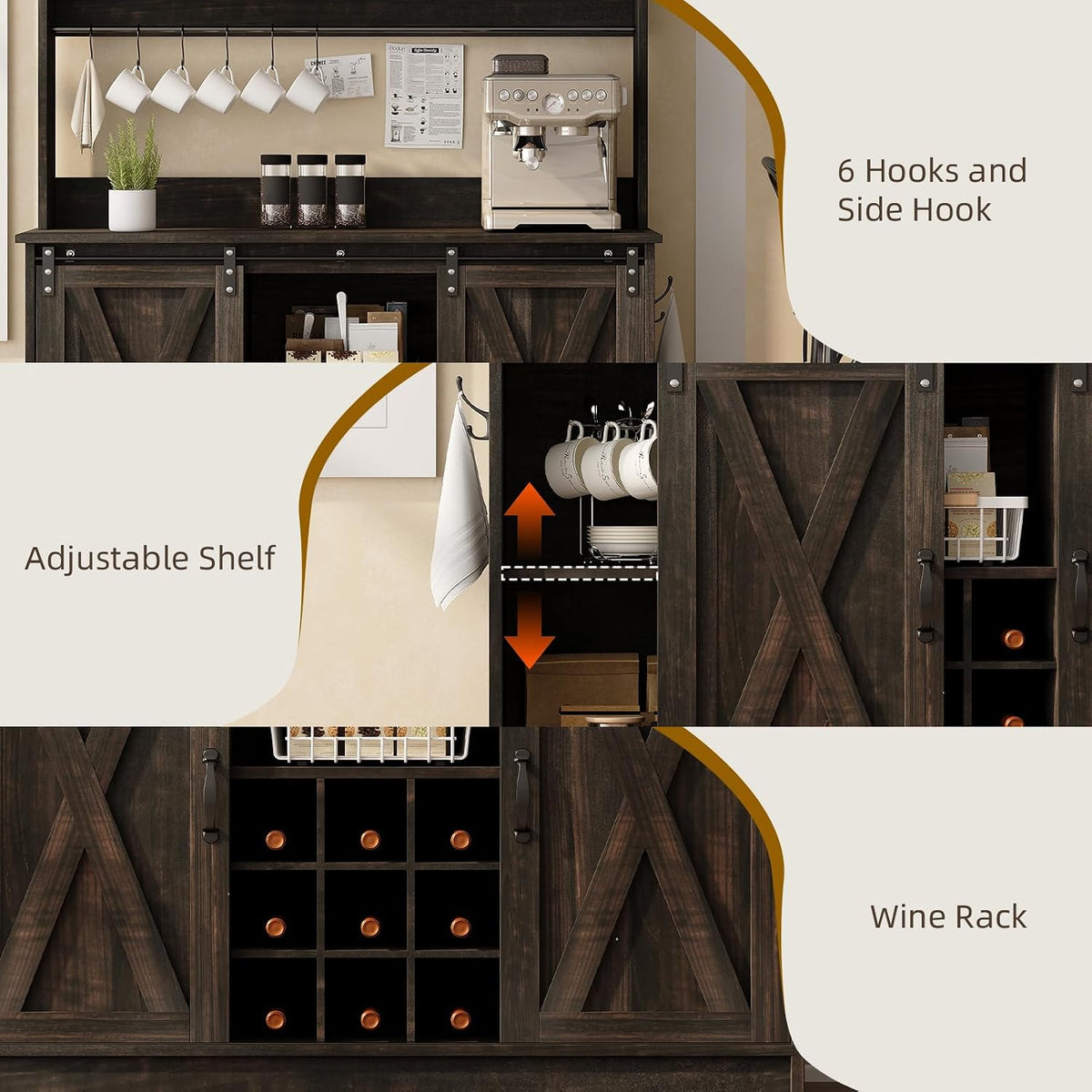 4ever2buy 47" Coffee Bar Cabinet with Storage Hutch &amp; Wine Rack, Oak