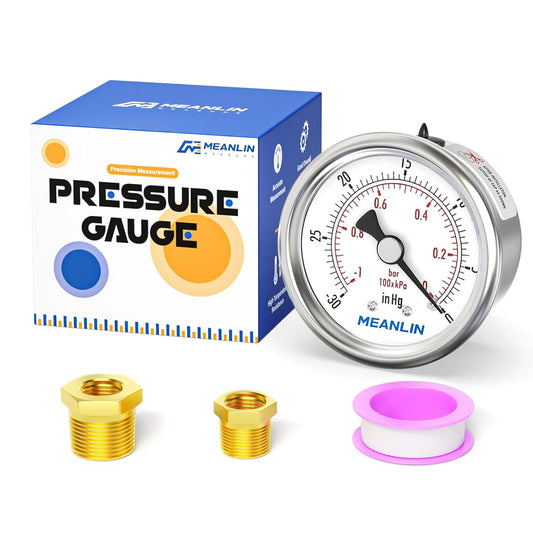 MEANLIN MEASURE -30inHG~0Psi Vacuum Gauge Stainless Steel 1/4" NPT 2" FACE DIAL Waterproof for Air Compressor HVAC Negative