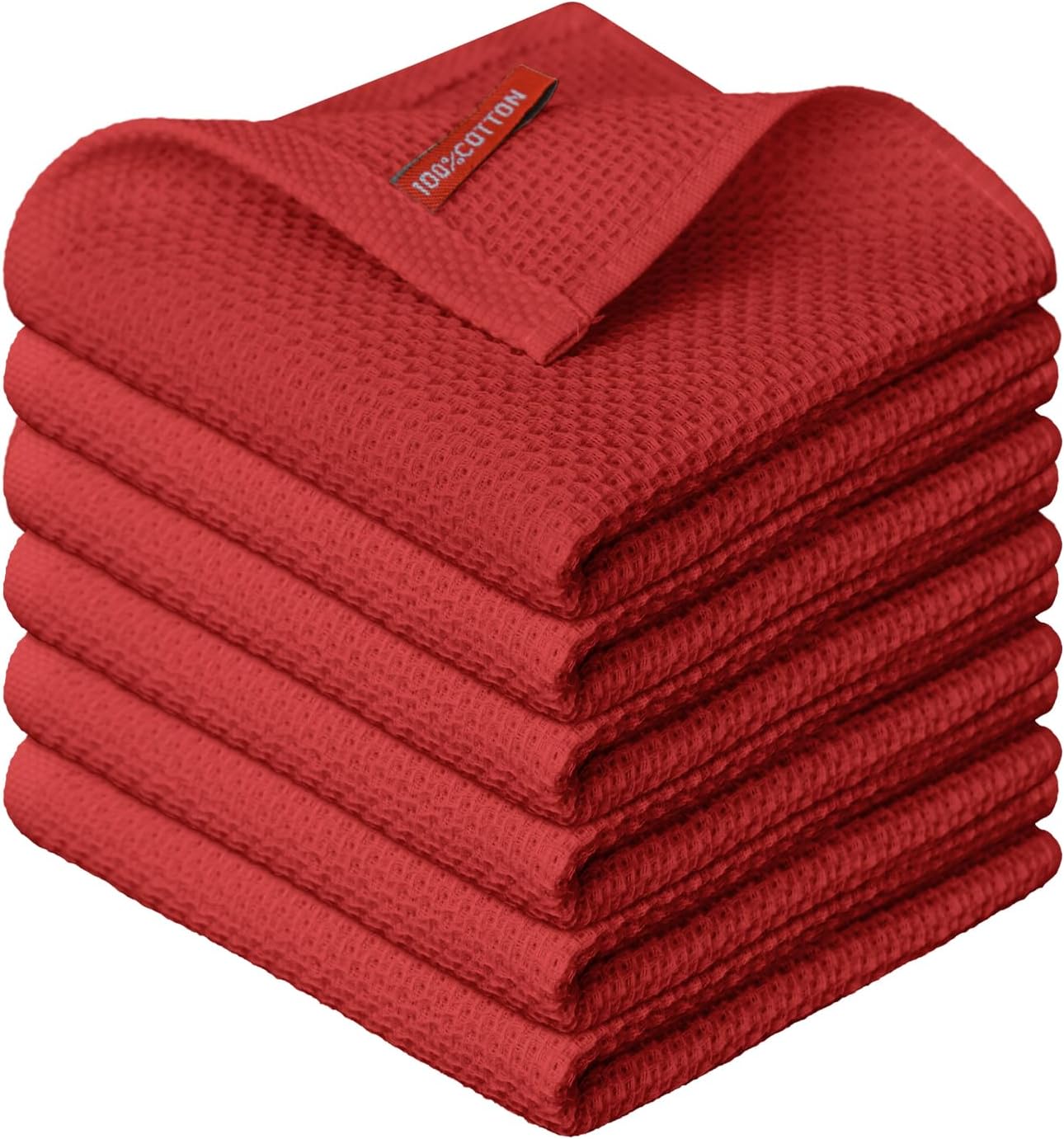 Artoid Mode 100% Cotton Dark Red Waffle Weave Kitchen Dish Cloths, 12x12 Inch Ultra Soft Absorbent Q