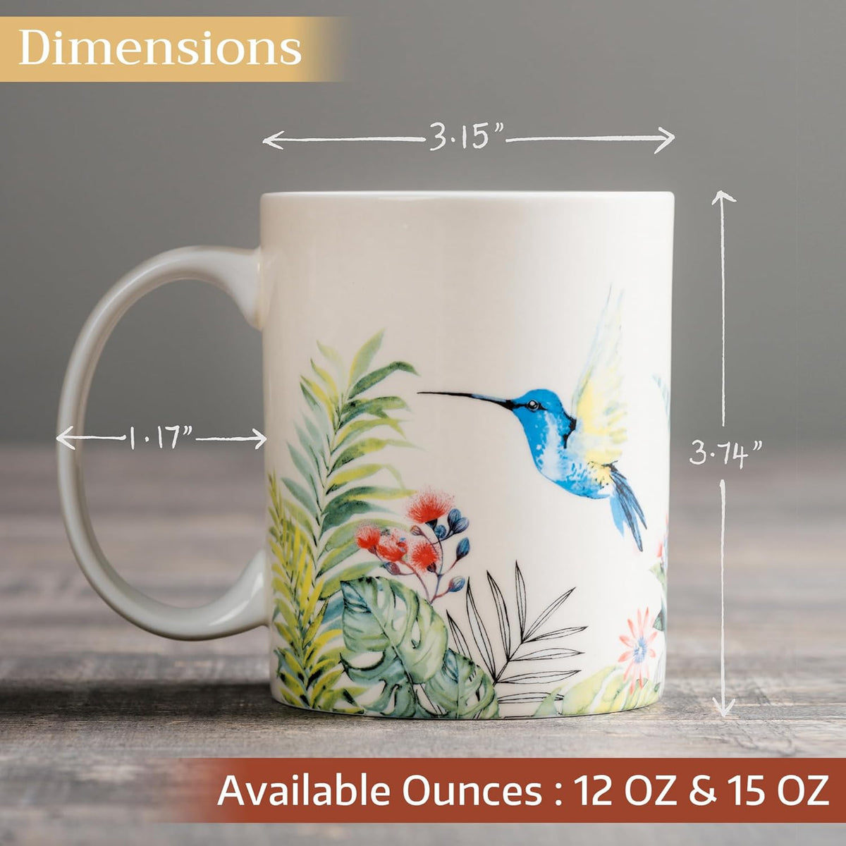 Maison d' Hermine Coffee Mug with Handles Fine Bone China Mugs Pack of One Tea Cups for Hot Beverages Cappuccino Latte Home Restaurant Office Perfect for Gift (Tropiques - Hummingbird, 12 Ounce)