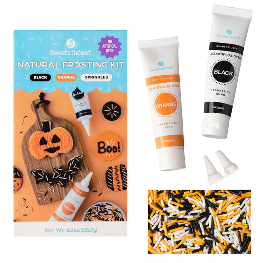 Sweets Indeed Dye-Free Halloween Frosting & Sprinkles Set – 8.22 oz | 2 Frosting Tubes (Orange & Black) + 2 Decorating Tips