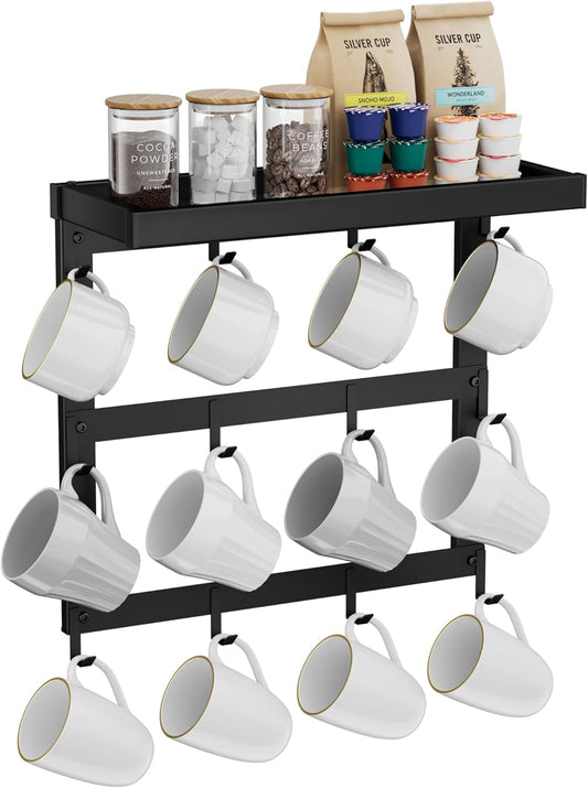 Coffee Mug Rack Wall Mounted, Rustic Metal Mug Holder Organizer with 12 Hooks and Top Shelf Cup Storage Rack for Home