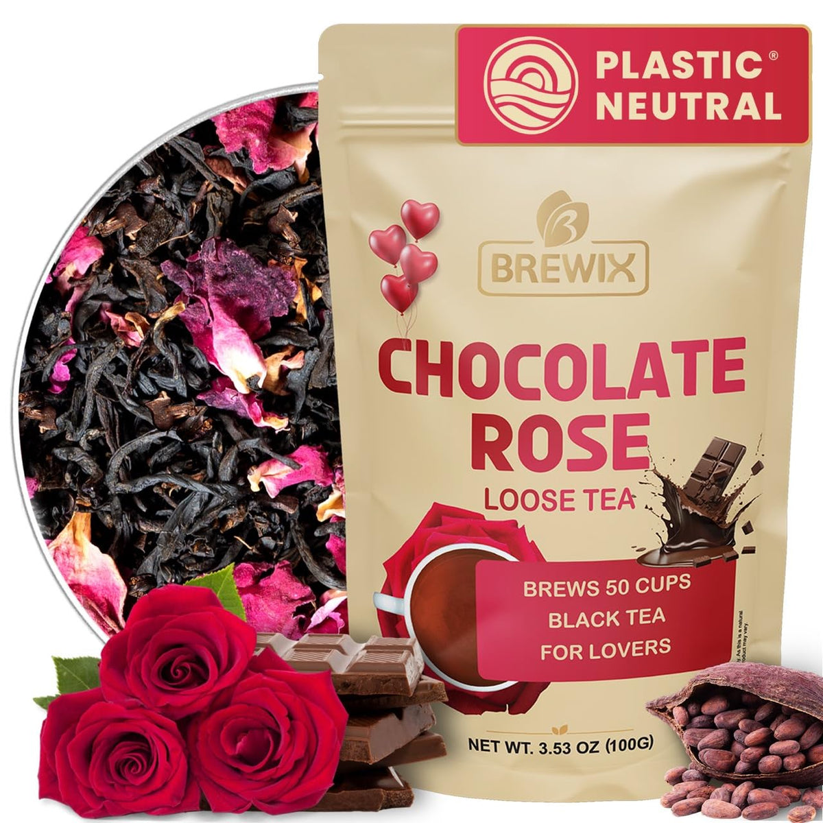 BREWIX Chocolate Rose Black Tea Loose Leaf (50+ Cups, 3.53oz) - Naturally Sweet Dessert Tea with Cocoa &amp; Rose Petals, Caffeinated, Hot or Iced